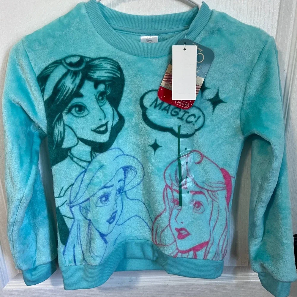Disney 100 Princess Fleece‎ Sweatshirt Girls Medium Jasmine Ariel Aurora Teal